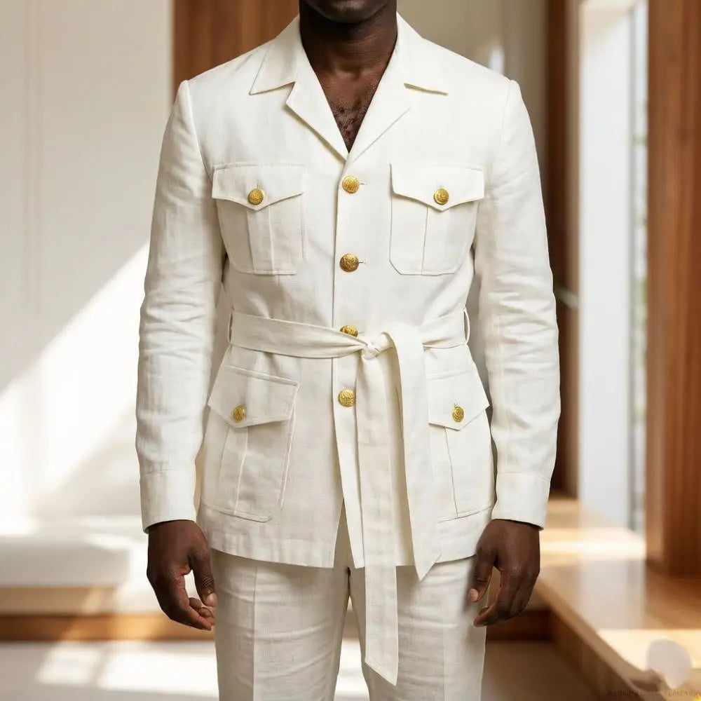 Mens Off White Linen Safari Suits 2 Piece Notched Lapel Prom Suit with Belt Gold Buttons Multi Pockets Beach Summer Wedding
