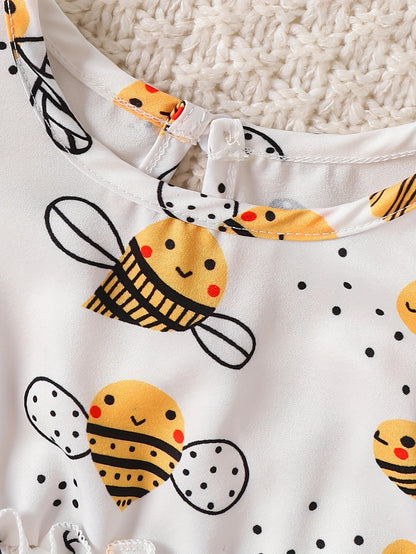 Single-Piece Baby Girl Casual Dress for Spring and Summer, Cute Style, Milk Silk, Fun Cartoon Bee Digital Print Pattern, Mesh Baby Girl Dress
