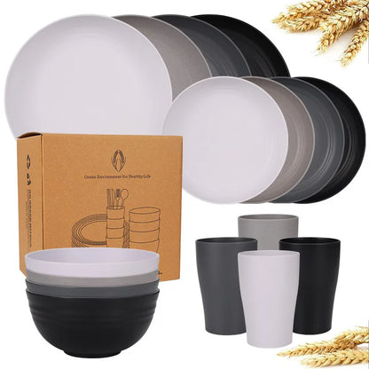 Natural Wheat Straw Tableware Set Dinnerware Sets Biodegradable Unbreakable Plates, Bowls, Cups Lightweight for Kitchen Camping