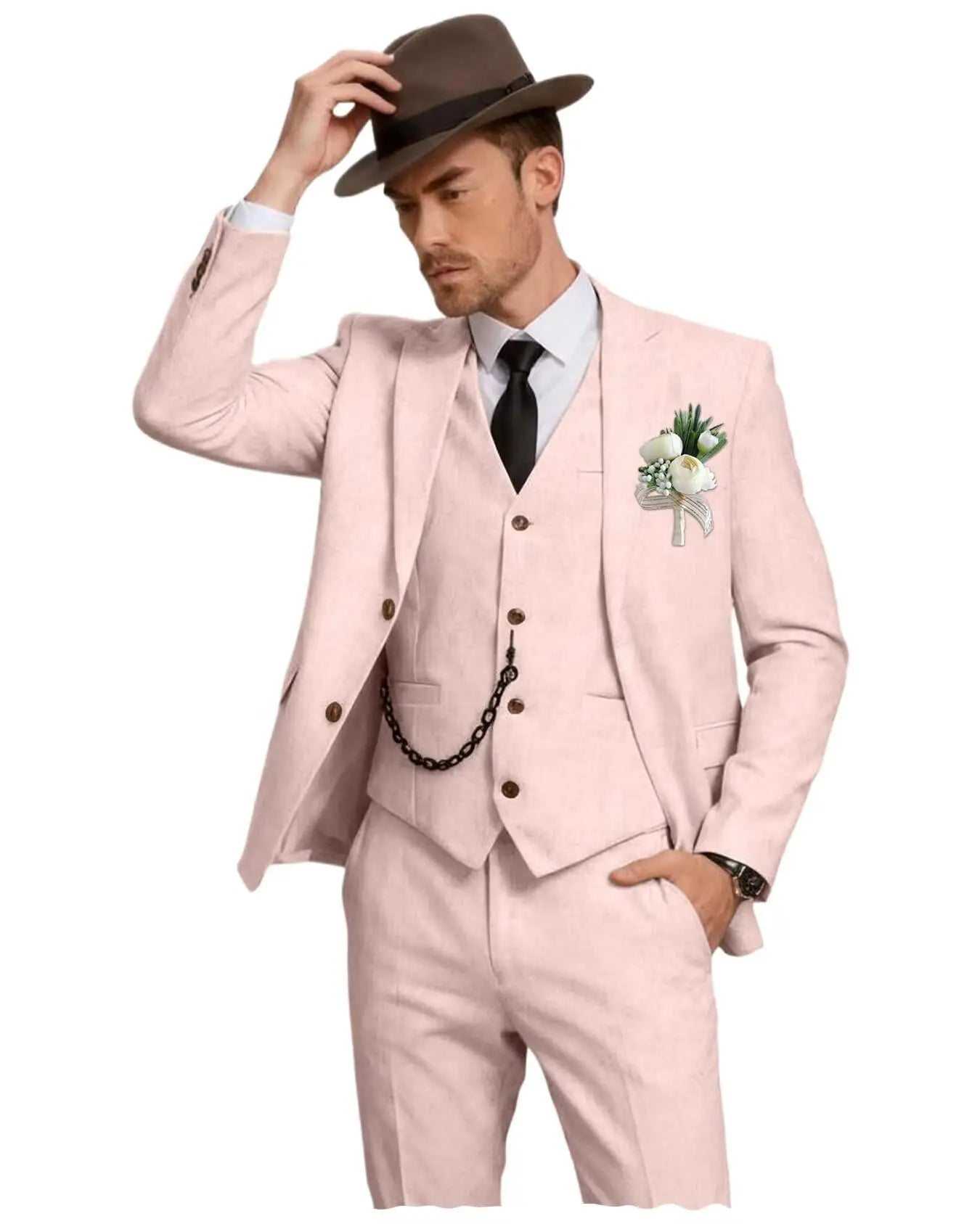 Men's 3 Piece Linen Suit, Slim Fit Notch Lapel Single Breasted Blazer Vest Pants Set Breathable Casual Business Wedding Suit