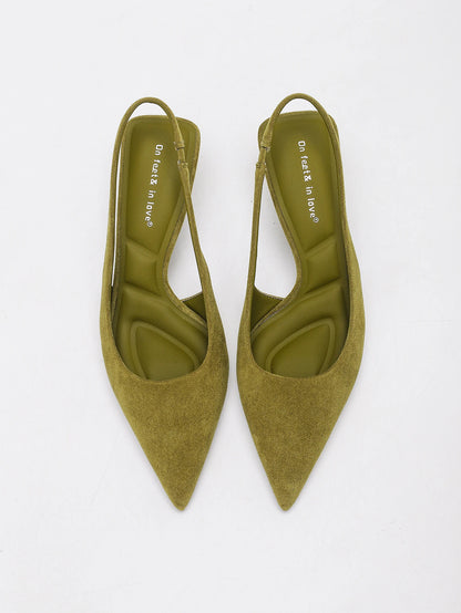 WOMEN OLIVE GREEN FAUX SUEDE SLINGBACK KITTEN HEELS POINTED TOE LOW HEEL PUMPS ELEGANT DRESS PARTY OFFICE SHOES
