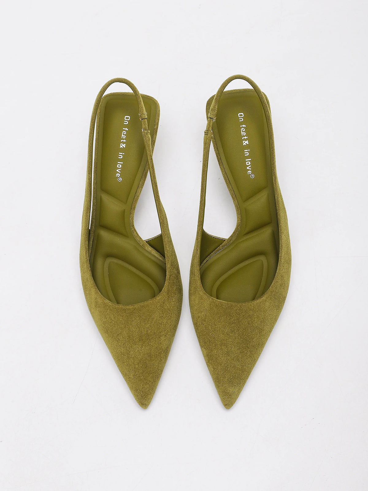 WOMEN OLIVE GREEN FAUX SUEDE SLINGBACK KITTEN HEELS POINTED TOE LOW HEEL PUMPS ELEGANT DRESS PARTY OFFICE SHOES