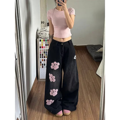 Women Blue Y2k Baggy Embroidery Jeans Aesthetic 2000s Style Boyfriend Jean Pants Vintage Harajuku Oversize Denim Trousers Summer