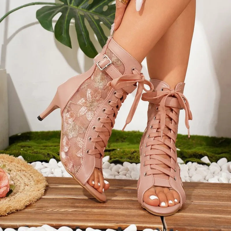 Women High Quality Thin Heels Comfort Lace-up Boot Stilettos Dance Female Shoes Street Sexy Booties Strap Designer Sandals