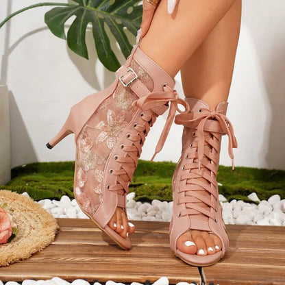 Women High Quality Thin Heels Comfort Lace-up Boot Stilettos Dance Female Shoes Street Sexy Booties Strap Designer Sandals