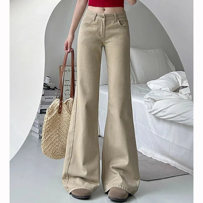 Female Classic Khaki Low Waist Flared Jeans Women Slim Fit Denim Trousers Girls Casual Fashion Thin Straight Leg Pants