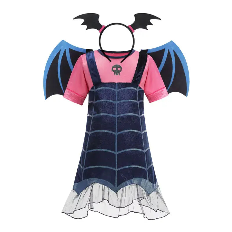 Girls Purple Bat Dress Kids Fancy Cosplay Vampire Demon Costume With Wing Headwear Halloween Carnivat Witch Role Play Clothes