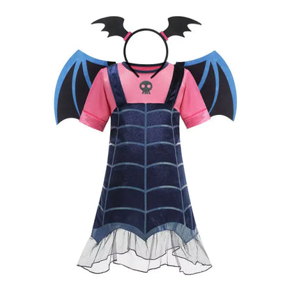 Girls Purple Bat Dress Kids Fancy Cosplay Vampire Demon Costume With Wing Headwear Halloween Carnivat Witch Role Play Clothes