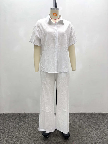 Women Casual Two Piece Pant Set Short Sleeve Turn Down Collar Shirts Top and High Waist Loose Wide Leg Pant Matching Set 2025