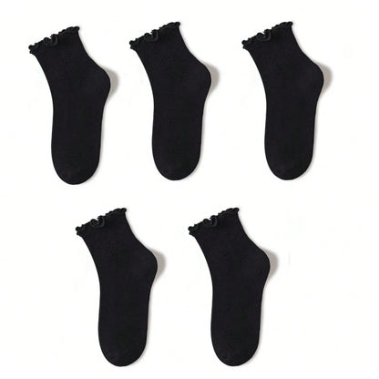 Women's Crew Socks with Ruffles, White and Black, Comfortable, Breathable, Moisture-Absorbing and Sweat-Wicking