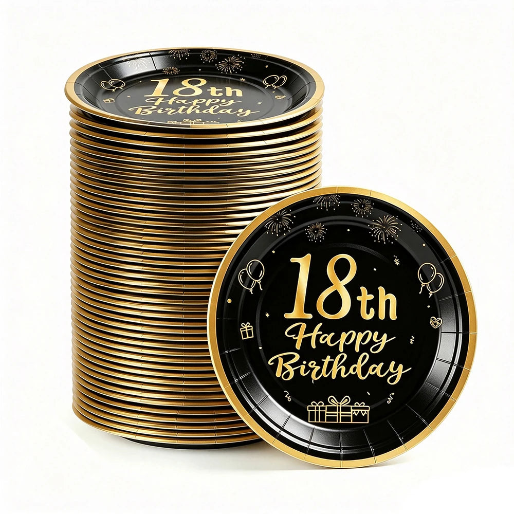 8-40pcs Men Women Adult 18th 30th 40th 50th 60th Birthday Party Decoration Supplies Black Gold Disposable 7/9inch Paper Plates