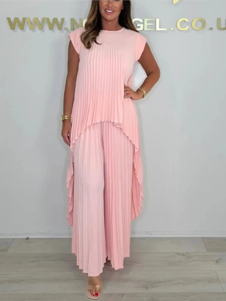 Summer Solid Casual Holiday Two Piece Sets Elegant Women Pleated Irregular O Neck Sleeveless Top + Wide-leg Pants Loose Outfits