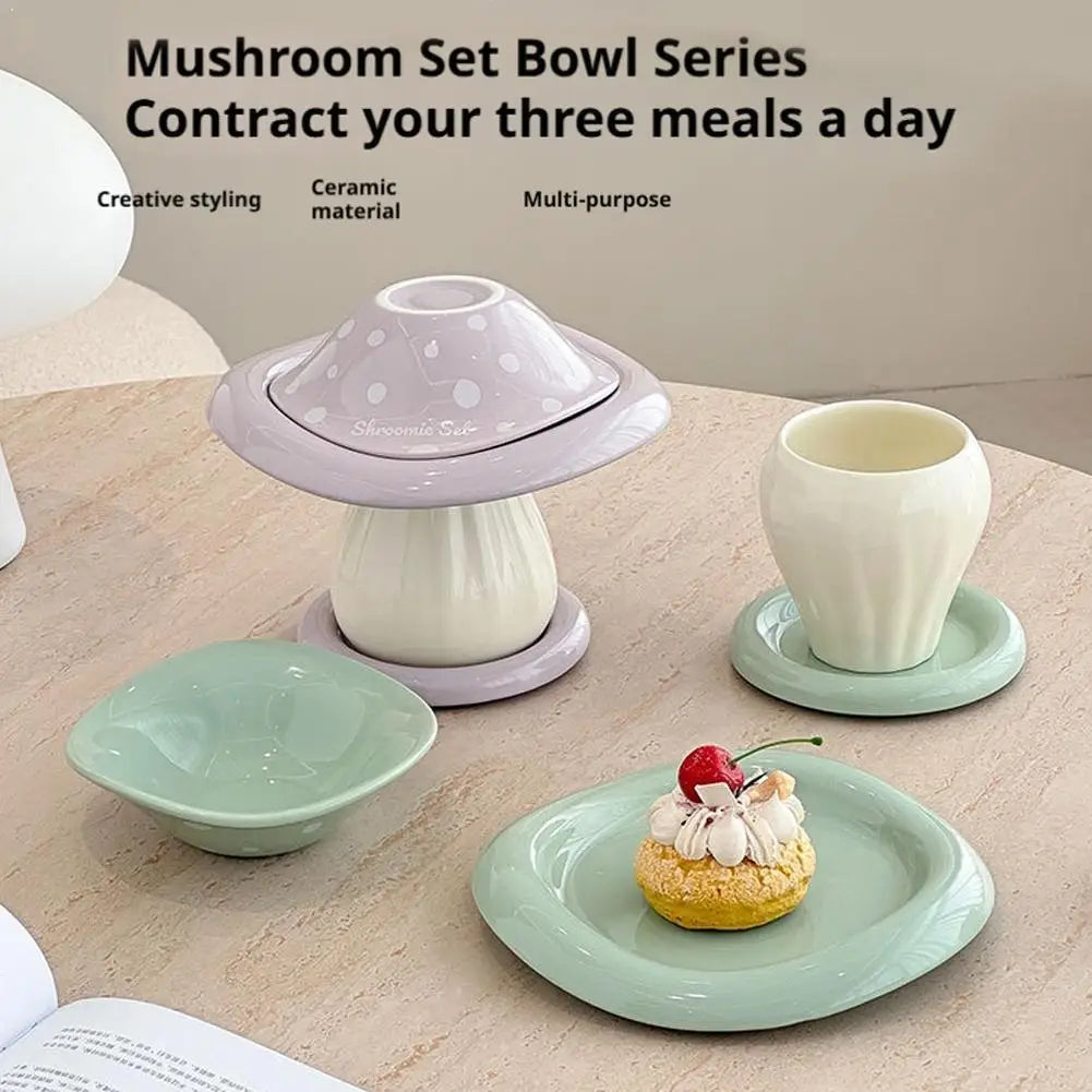 Mushroom Set Bowls and Plates for Home Kitchen Large Capacity Ceramic Bowl Western Plate Tea Desserts Tray Mushroom Tableware