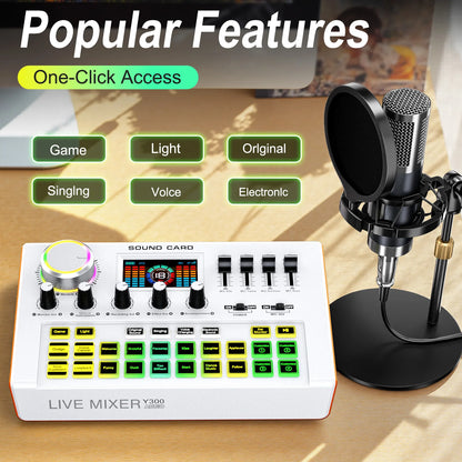 Tenlamp Y300-P15B Professional Podcast Equipment Bundle Kit for 4 People, Studio Sound Card with 3.5mm Condenser Mic  for PC Smartphone Laptop Computer , Live Audio Mixer Voice Changer for Streaming Singing Gaming Recording V