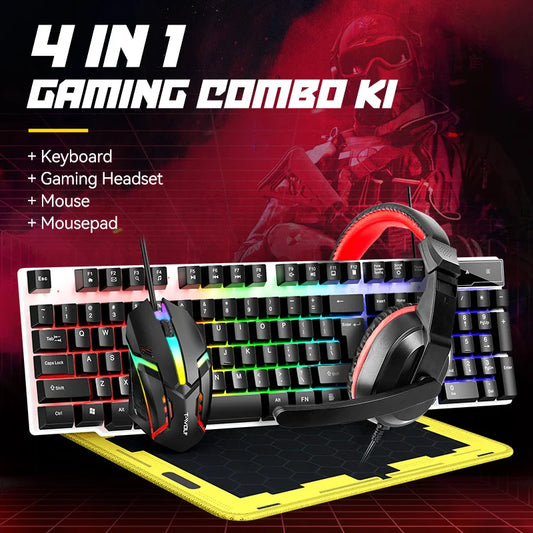 2025 Mouse Keyboard Headset Mouse Pad Combo 4 In 1 SET Computer Gaming Headphone USB Wired Mouse And Keyboard Set With Mouse Mat