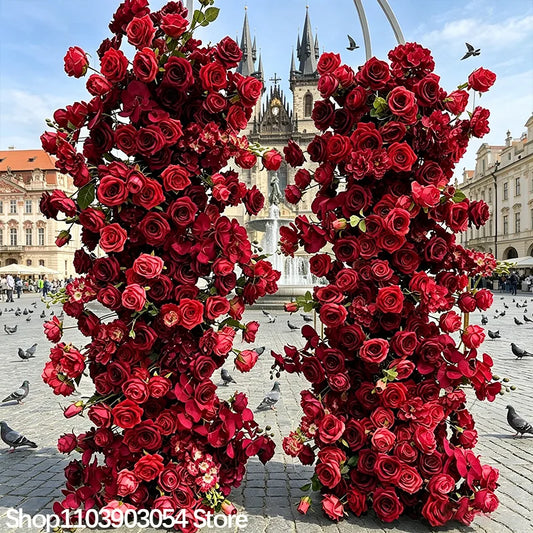 Red Rose Flower Row Artificial Floral Panel Stylish Deco Accessory Ideal For Wedding Background Stage Holiday Party Event Layout