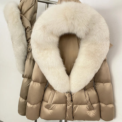 OFTBUY New Fashion Winter Clothes Women Duck Down Coat with Big Natural Fur Collar Belt Hooded Real Fox Fur Puffer Jacket Female