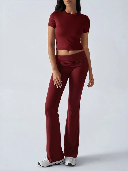 Women Casual Bodycon Two Pieces Set Short Sleeve Crop Top Slim High Waist Running Tracksuit Suit Summer Pants Outfit 2PCS