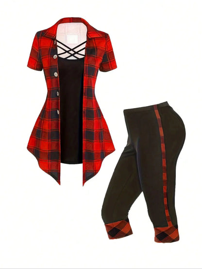 Plus Size Plaid Print Two-piece Set, Cross Cut Out Short Sleeve Top & Capris Pants Outfits, Women's Plus Size Clothing
