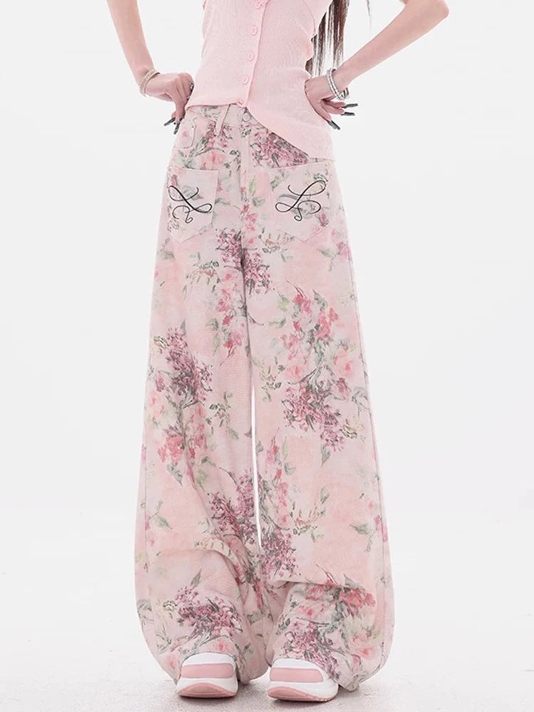 New Women Chinese Style Pink Embroidered Jeans Summer Casual Wide Leg Floor Length Pants with Printed Design