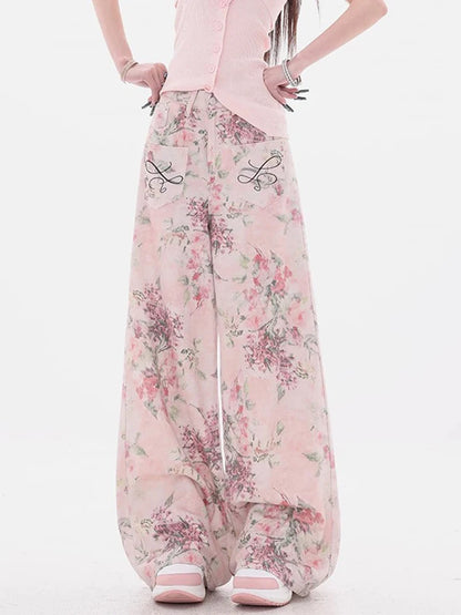 New Women Chinese Style Pink Embroidered Jeans Summer Casual Wide Leg Floor Length Pants with Printed Design