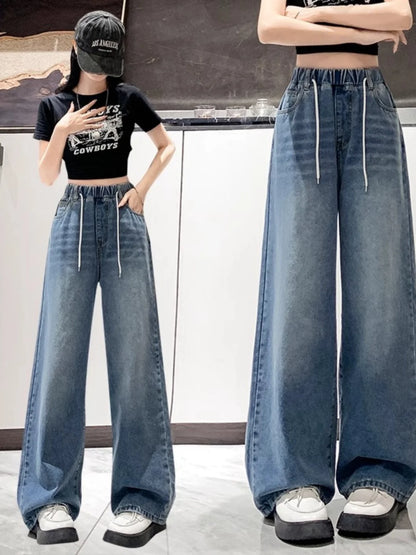 Loose Fit High Waist Wide Leg Jeans Women plus Size Light Blue Elastic Waist Dstring Trousers Autumn Faion plus Size