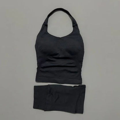 2 Pieces Shorts Yoga Set Women Backless Halter Tops High Waist Seamless Shorts Gym Suit Fitness Sportswear Workout Sets