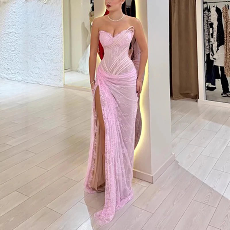 Women Fashion High Waist Split Slim Evening Dress Sexy Lace Embroidery Luxury Gowns Sexy Strapless Sleeveless Irregular Dresses