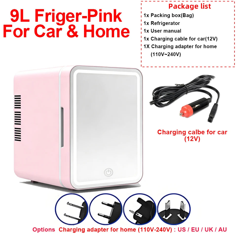 6L/9L LED Mirror Mini Fridge With Light 12V 240V Portable Cosmetic Refrigerator Cooler Warmer for Car Home Makeup Skincare