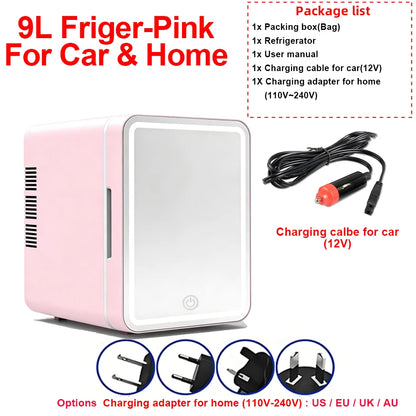 6L/9L LED Mirror Mini Fridge With Light 12V 240V Portable Cosmetic Refrigerator Cooler Warmer for Car Home Makeup Skincare