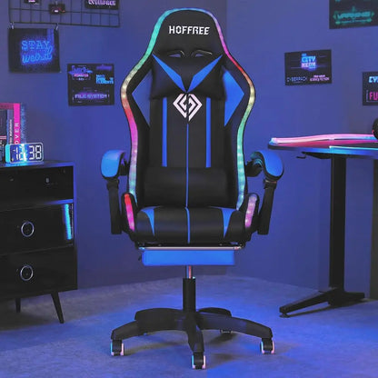 RGB Gaming Chair with Speakers LED Lights Massage Computer Chair-Blue+Black | Bluetooth Video Game Chair Reclining Gamer Chair w
