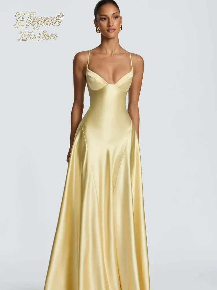 Solid Color Satin Bustier Women Maxi Dress Fashion Yellow Spaghetti Strap V Neck Waist-cinching Dresses 2026 New Party Vestidos