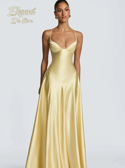 Solid Color Satin Bustier Women Maxi Dress Fashion Yellow Spaghetti Strap V Neck Waist-cinching Dresses 2026 New Party Vestidos