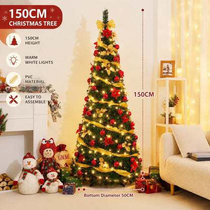 Folding Christmas Tree with LED Lights and Christmas Flowers Telescopic Artificial Christmas Tree 150CM/180CM Home Decoration