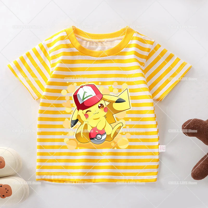 Cartoon Pokemon Stripe T Shirt Cute Pikachu Eevee Bulbasaur Baby Boy Girl Summer Tops Kawaii Toddler Short Sleeve Tee Shirts