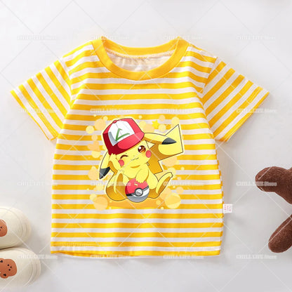 Cartoon Pokemon Stripe T Shirt Cute Pikachu Eevee Bulbasaur Baby Boy Girl Summer Tops Kawaii Toddler Short Sleeve Tee Shirts
