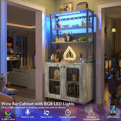 67" Tall Bar Cabinet with LED Lights And Glass Holder - Wine Liquor Cabinet with Power Outlets for Living Room Coffee Bar Station Microwave Stand Bakers Rack, White Oak