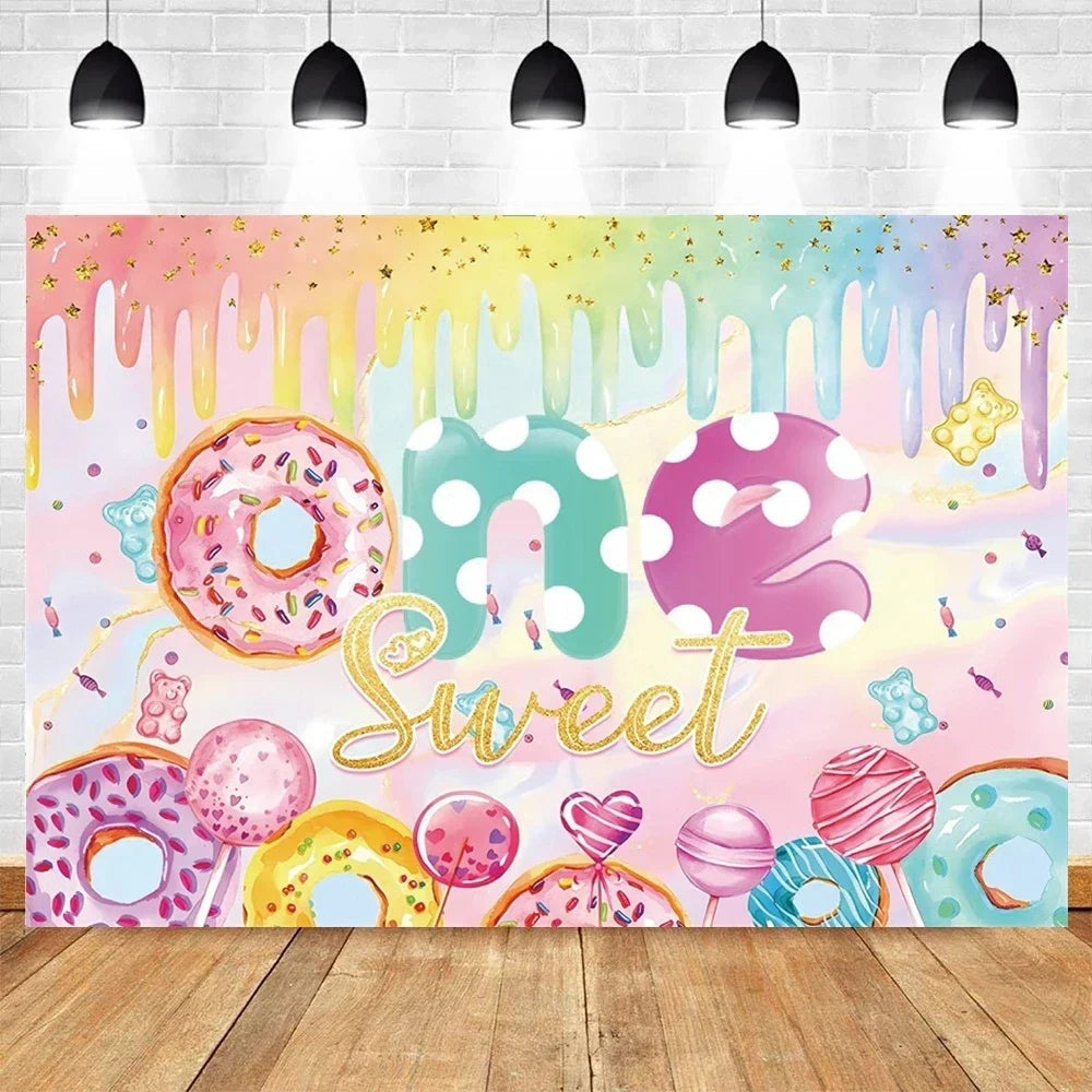 Donut Ice Cream Candy Photography Background 1st Birthday Party Decor Cake Table Banner Children Portrait Photo Studio Props
