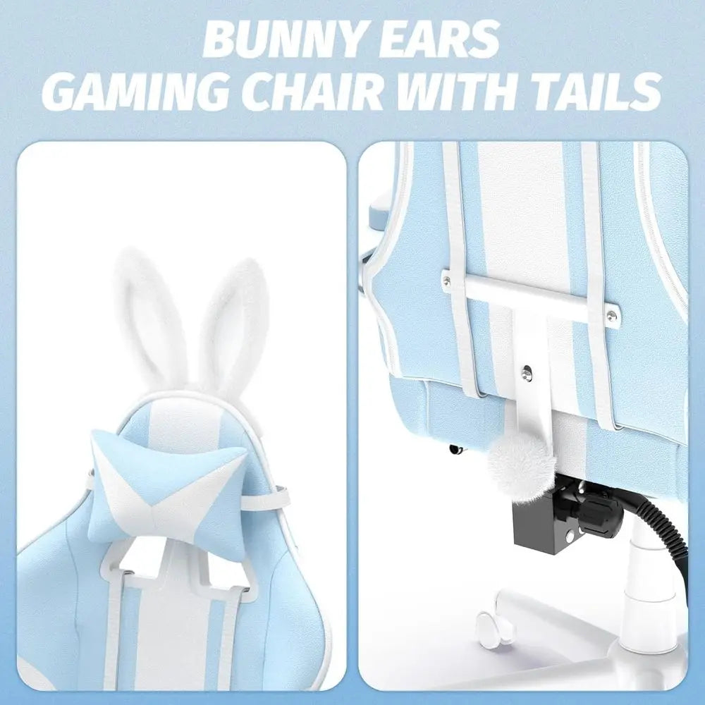 Light Blue Ergonomic Gaming Chair with Bunny Ears, Reclining Massage Chair for Teens and Adults