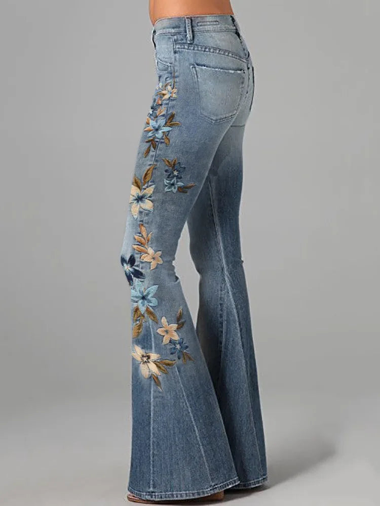 New 3D Digital Print Women's Flare Jeans High Waist Slim Fit Stretchy Denim Bell Bottom Pants Casual Trendy Daily Wear