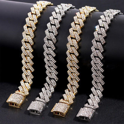 14mm Iced Out  Prong Cuban Link Chain Necklace for Men Women 2 Row Rhinestone Paved Miami Rhombus Hip Hop Jewelry Wholesale