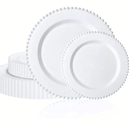 Plastic Plates Elegant Fancy Plastic Dinnerware Set White Pearl Beaded Rim Rigid Plastic 60 Pcs 7 Inch And 10 Inch Heavy Duty Disposable Dishes For Wedding Reception Birthday Party Catering Events