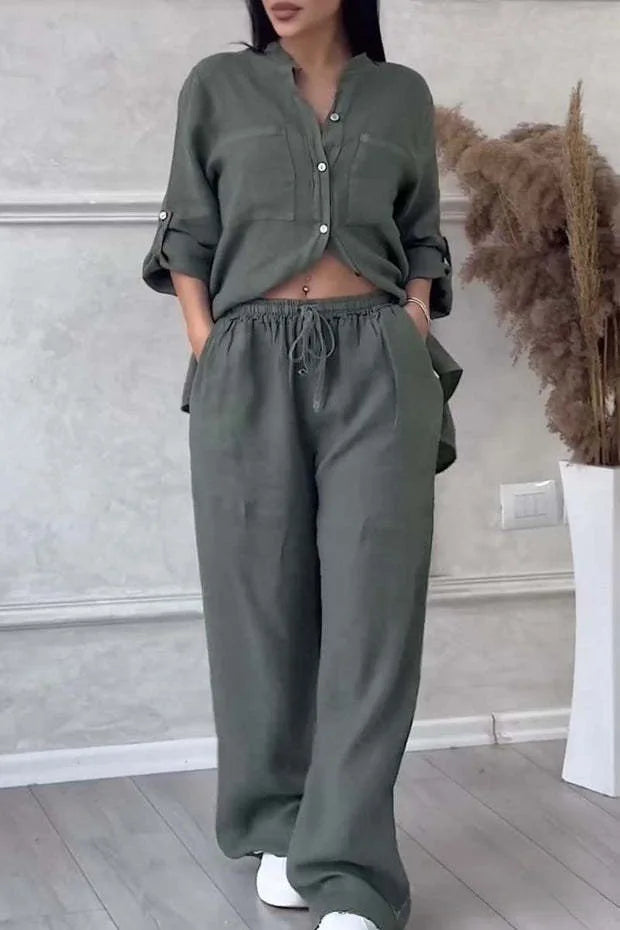 Autumn Cotton And Linen Pant Sets Women Fashion Long Sleeve Shirts Lace Up Pant Two Piece Set Casual Loose Wide Leg Pants Suit