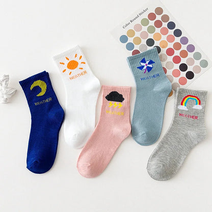 5 Pairs Women Fruit Print Socks Set Cute Casual Korean Fashion Kawaii Japanese Style Pumpkin Strawberry Banana Peach Avocado Sox