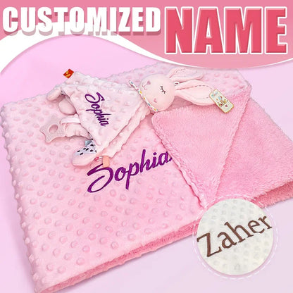 Custom Embroidered Name Minky Baby Blanket & Bunny Comforter Set Personalized Newborn Security Blanket Baby Shower Gift