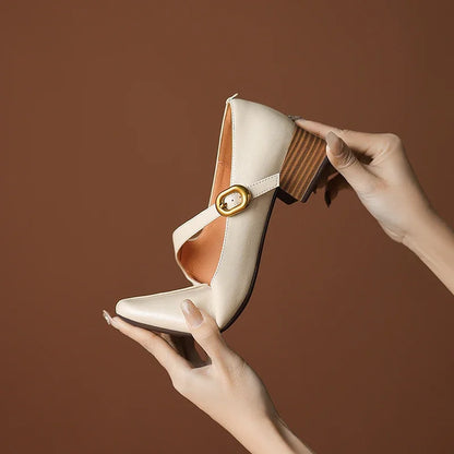 2026 New Spring Women Pumps Square Toe Chunky Heel Genuine Leather Women Shoes Shallow Metal Buckle Strap Mary Janes Ladies