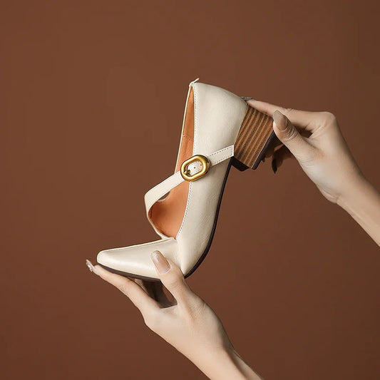 2026 New Spring Women Pumps Square Toe Chunky Heel Genuine Leather Women Shoes Shallow Metal Buckle Strap Mary Janes Ladies