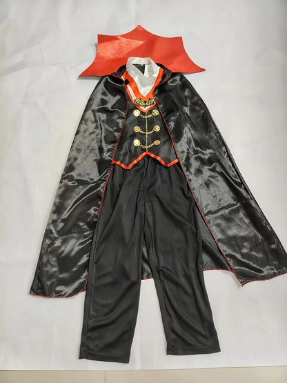 Boys vampire themed costume set including stand collar cape, decorated waistcoat and long trousers, classic gothic outfit for Halloween fancy dress and party performance