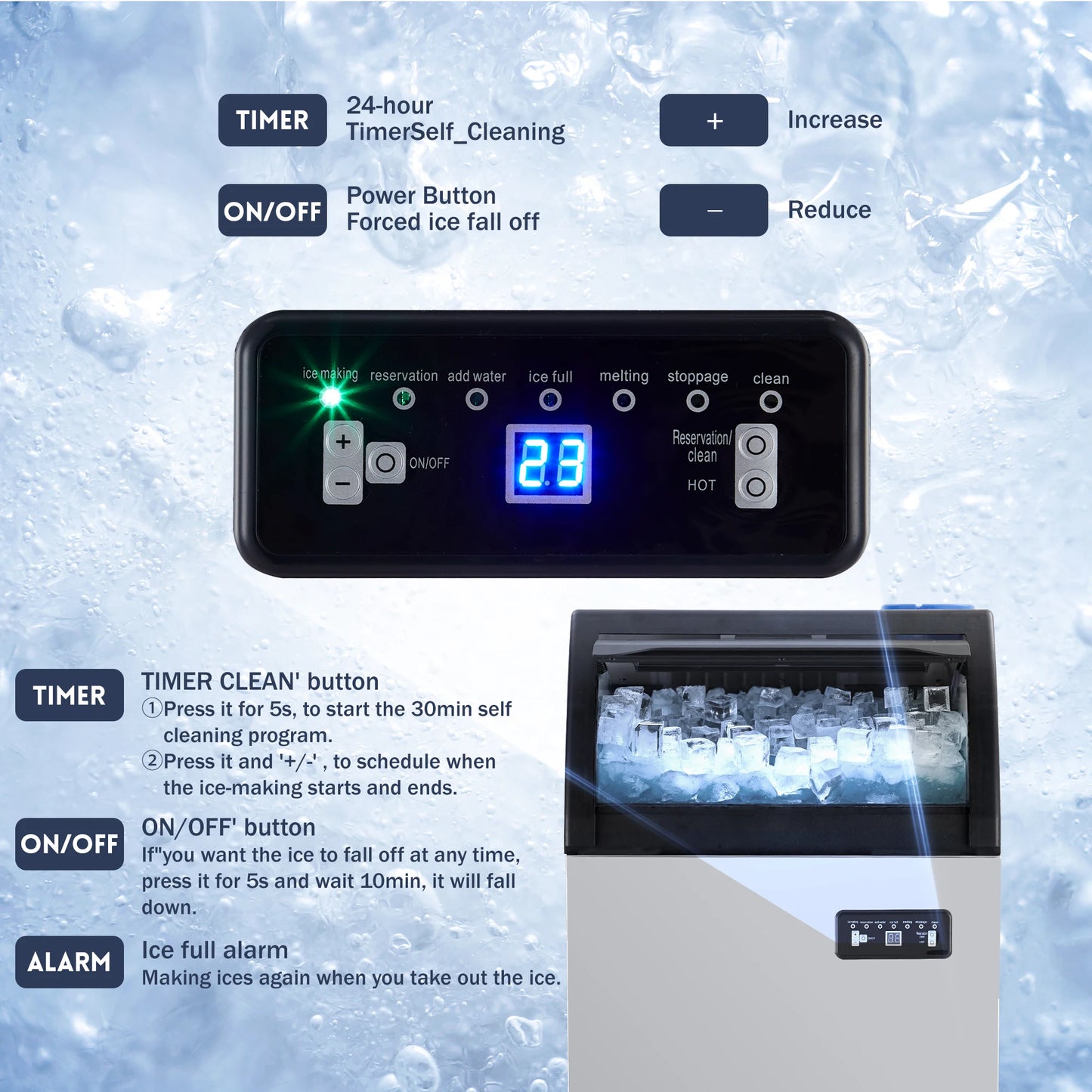 Commercial Ice Maker Machine 100LBS/24H, 50 Ice Cubes in 5-15 Min | 33 Lbs Storage Ice Bin, Freestand Stainless Steel Body, 2 Water Inlets, LED Display, for Home Bar Office Restaurant