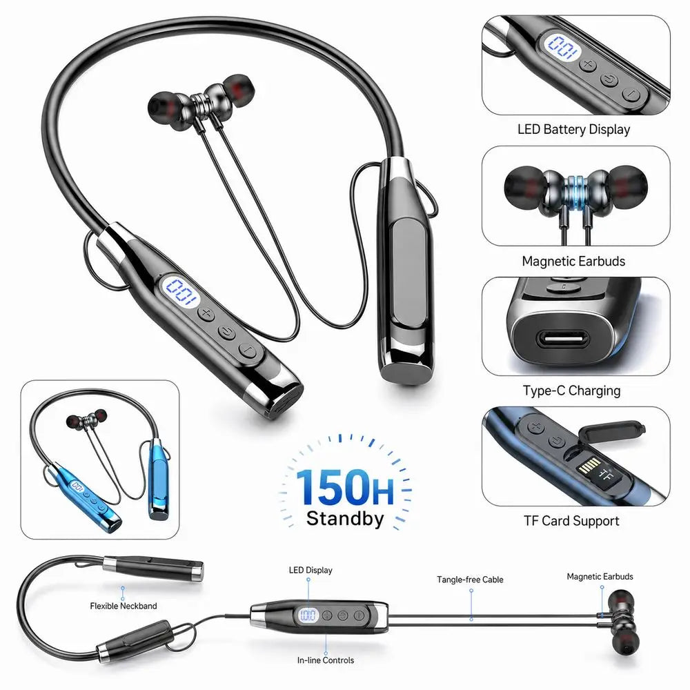 LED Digital Display Wireless Earbuds Neckband Magnetic TF Card Support Earphones Stereo Sound Long Standby